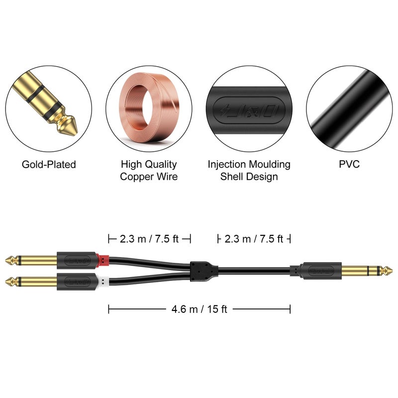 J&D 1/4 Inch TRS to Dual TS Y Splitter Cable, Gold Plated 6.35mm Stereo Male to 2 Mono Male Breakout Cable for Audio Interface, Mixer, Amplifier [Audiowave Series], 15 Feet - Image 3